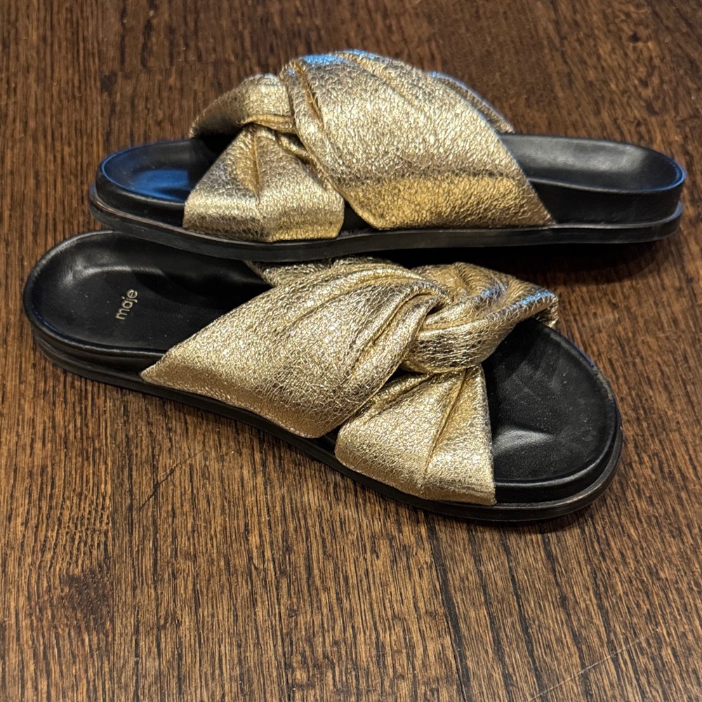 Maje Metallic Gold Knotted Slide Sandals